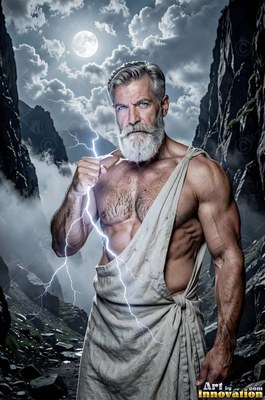 A gray-haired man with a beard in a cloth robe holds white lightning in a mountain pass under the moon