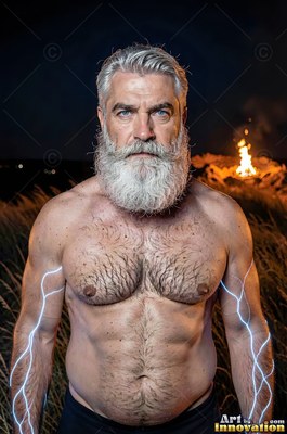 A shirtless, man with a beard stands outside at night as white lightning crackles across his arms