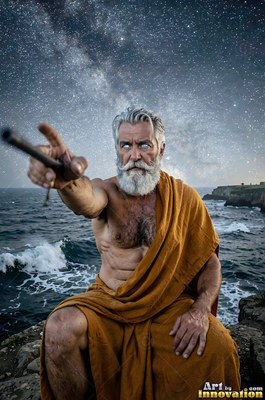 Seated on a dark cliff, an older man who has a beard in an orange robe points forward