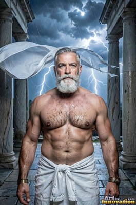 An athletic man sporting a beard in white wraps stands before stone columns under lightning