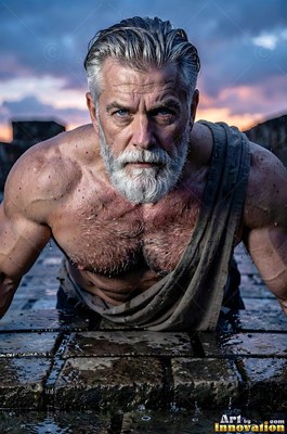On a wet stone terrace, a muscular gray-bearded man leans forward under sunset clouds