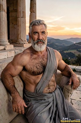 Sitting on stone steps, a muscular gray-bearded man rests in a gray toga at dusk