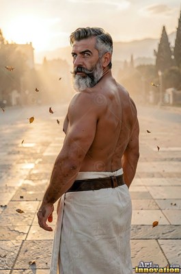 A bearded shirtless man wearing a white wrap turns back on a stone plaza