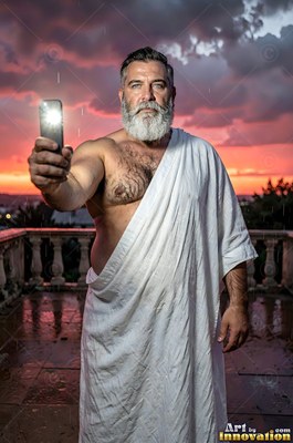 Draped in a white toga, a gray-full-bearded man stands on a terrace under a stormy red sky