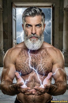 A silver-bearded man holds bright lightning bolts in his open hands before a stormy sky