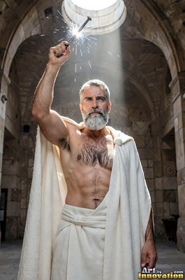 Standing in a stone hall, a man with a beard raises a sparking bolt into sunlight
