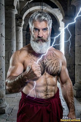 An athletic man with a white beard holds a crack of lightning in stone ruins