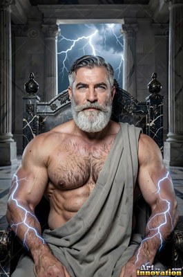 In a stone temple, a man sporting a beard sits with lightning across his forearms
