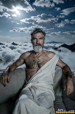 Sitting on a couch above the clouds, a gray-bearded man wears a white robe
