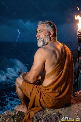A silver-bearded man sits in an orange robe by a stormy sea