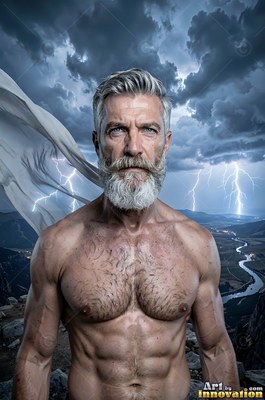An athletic man sporting a beard stands shirtless outdoors before dark storm clouds and white lightning streaks