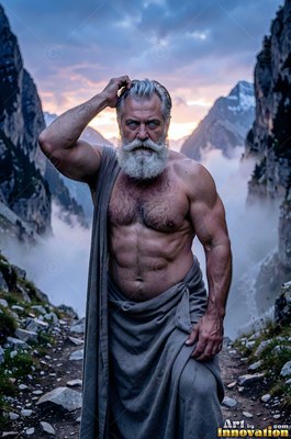 Standing on a rocky mountain path, an athletic man with a beard holds his gray cloth robe