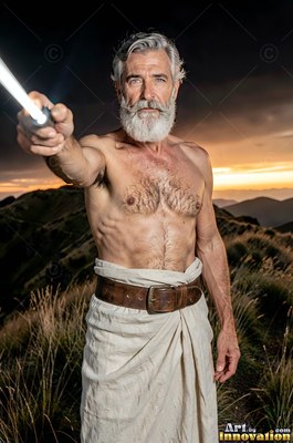 A shirtless, bearded man points a bright beam forward on a dark hilltop