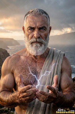 On a rocky cliff, a silver-man sporting a beard holds lightning bolts in his open hands