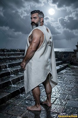Standing in rain on wet stone, a bearded man dressed in a white robe looks back under moonlight
