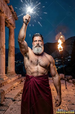 A bearded bare-chested man holds up a sparkler at night