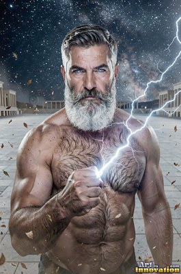 Thick white beard on a bare-chested man holding lightning in a stone courtyard at night