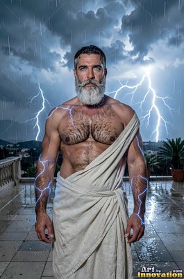 A man sporting a beard in a white toga stands on a wet terrace under pale blue lightning
