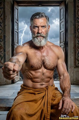 Kneeling in a doorway, a strong man with a pale gray beard thrusts his fist forward