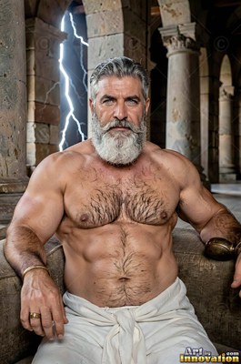 On a stone terrace, a muscular shirtless man with a silver beard sits before lightning