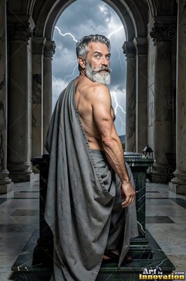 Looking over his shoulder, a silver-man sporting a beard in a gray robe stands before lightning in an archway