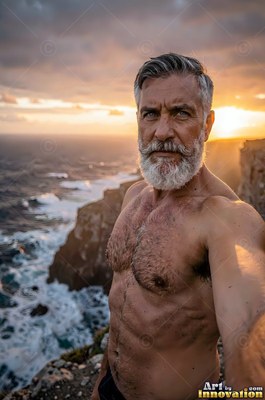 Unclothed-torso man with a gray beard taking a cliff selfie at sunset