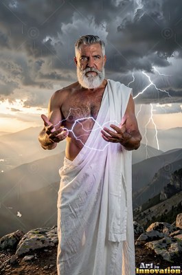 Draped in a white toga, a silver-full-bearded man holds lightning high on a rocky peak