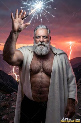 A bearded man in a white robe holds up a lightning bolt against a stormy orange sunset sky