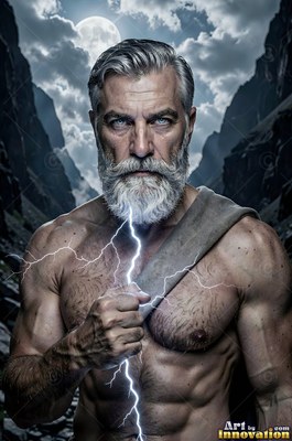 Facing forward in a mountain pass, a man who has a beard clenches his fist with lightning