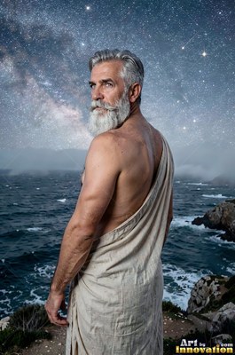 Under a starry night sky, a gray-haired man in a beige toga looks over a dark sea
