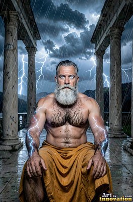 Sitting in the rain, a man who has a beard with lightning on his arms rests between stone pillars