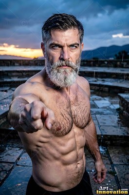 Shirtless full-bearded man points forward on a wet stone terrace