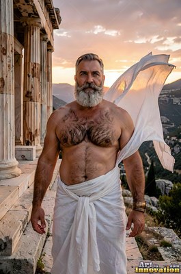 A white wrap covers the hips of a shirtless bearded man beside stone temple ruins at dusk