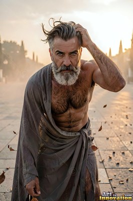 A man who has a beard walks forward in a gray tunic under dusty golden light