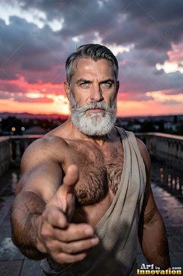 Reaching forward on a balcony, a full-bearded man stands at sunset