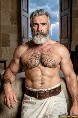 A muscular full-bearded man sits shirtless with lightning flashing in the sky outside