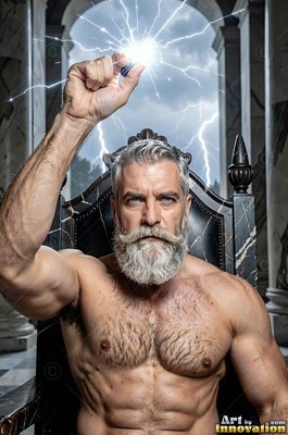 A shirtless man who has a beard sits on a throne holding lightning