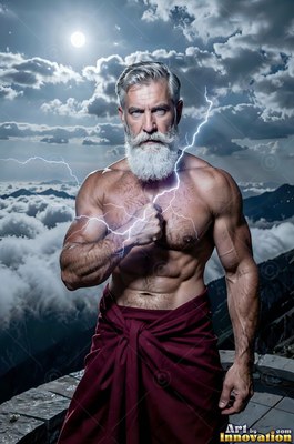 White beard swept neat, a bare-chested man holds lightning above clouds on a stone peak