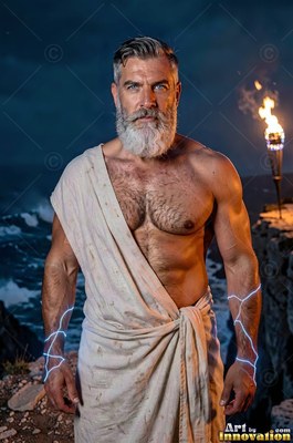 A bearded man stands on a cliff with blue lightning branching across his arms