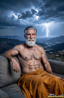 Sitting on a couch on a mountain terrace, a bearded man watches a storm