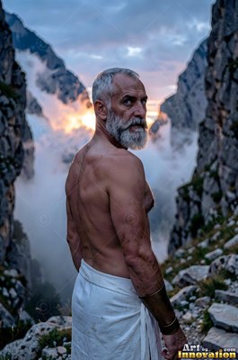 A shirtless, gray-bearded man in a white wrap looks back on a cloudy mountain path