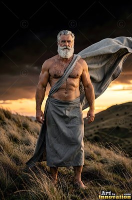 On a grassy hill at dusk, a well-built man with a white beard stands in gray cloth