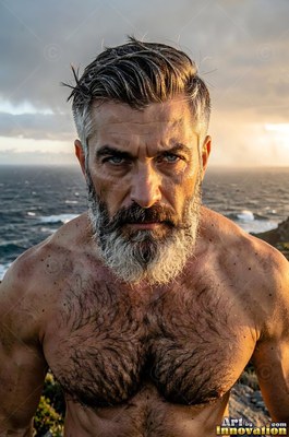 Staring ahead by the ocean, a bare-chested man with a silver beard stands in late sunlight