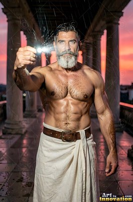 A muscular bearded man holds sparks of light in the rain