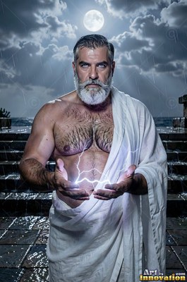 Wearing a white robe, a bearded man holds lightning on stone steps under the full moon
