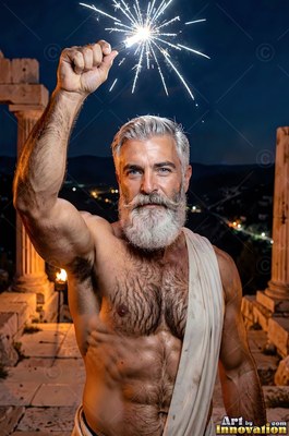A bearded man holds up a white sparkler that casts bright flashes into the dusk sky