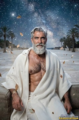 Seated on a terrace, a man who has a beard dressed in a white robe rests under starry skies
