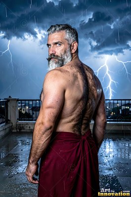 A shirtless bearded man looks back over his shoulder on a wet terrace as lightning strikes