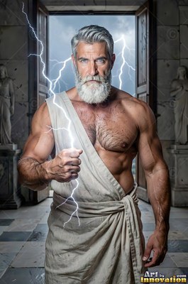 Before a stone doorway, a muscular bearded man holds bolts of lightning
