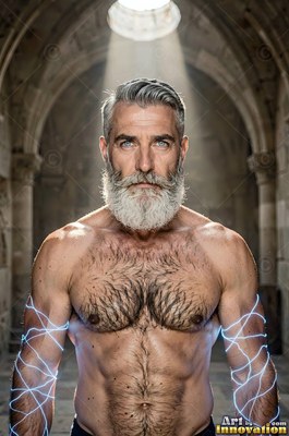 Standing under an archway, a shirtless man with a white beard has blue lightning on his arms